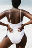 curve model Mukisa in Code B white one piece swimsuit back shot